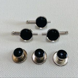 VINTAGE SWANK BLACK SILVER TONE SHIRT STUD ACCESSORIES SET OF 6